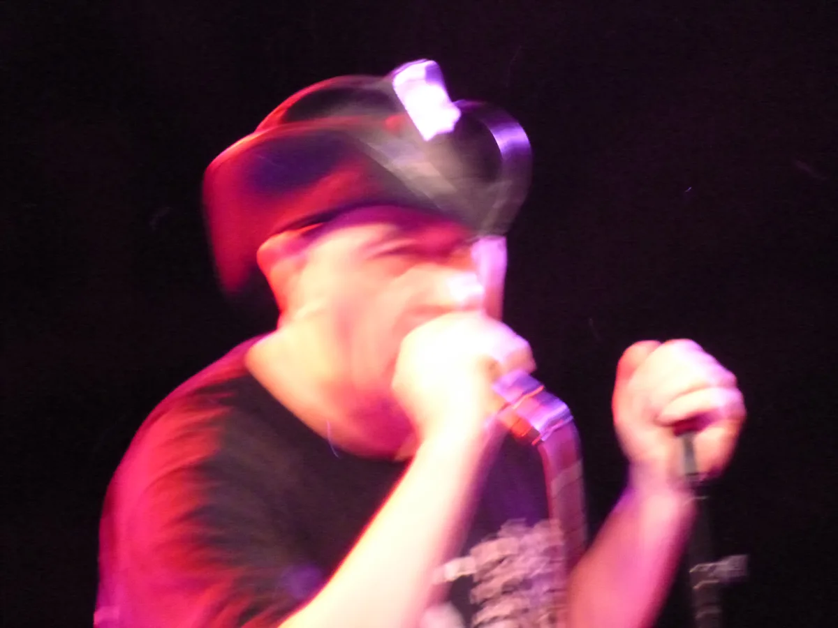 A blurry, motion-blurred photo of a man in a hat singing into a microphone under red and purple stage lights, with the…