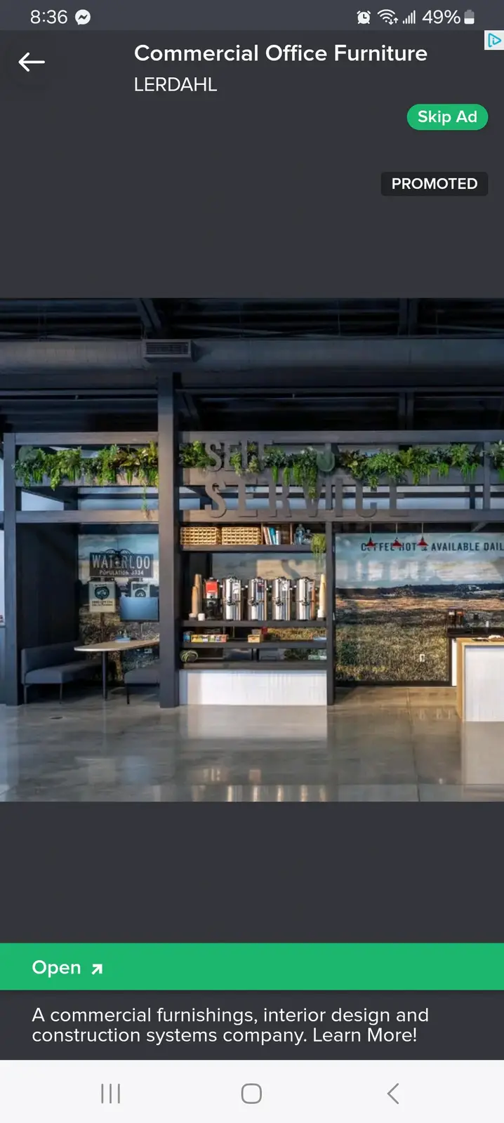An advertisement for LERDAHL commercial office furniture shows a modern office breakroom with a coffee station labeled…