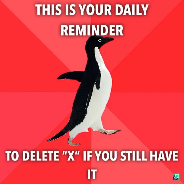A black-and-white penguin stands against a red background with diagonal stripes. White text at the top reads 'THIS IS YOUR…