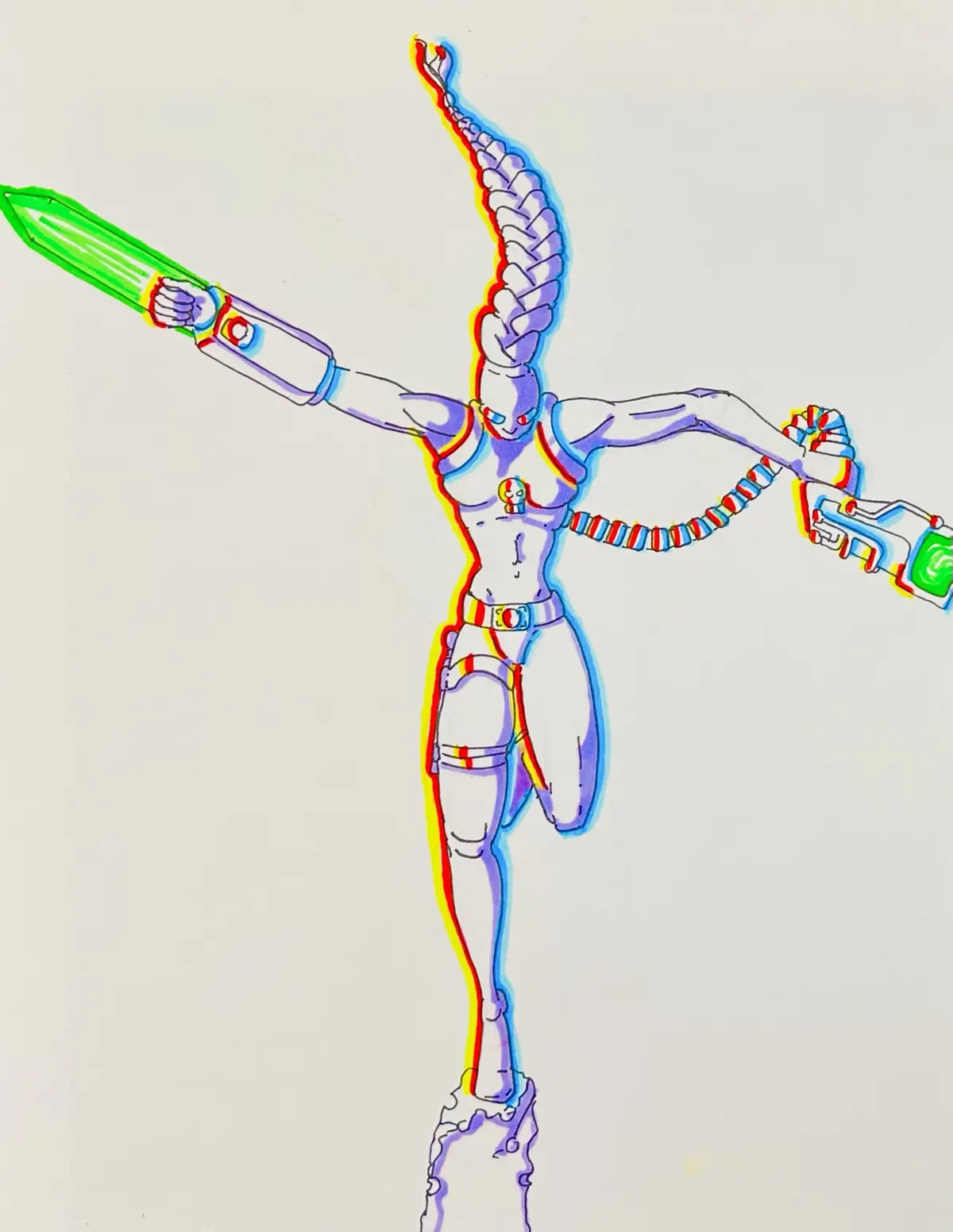 A hand-drawn, stylized illustration of a humanoid figure with a long, braided purple ponytail, wearing a colorful, segmented…