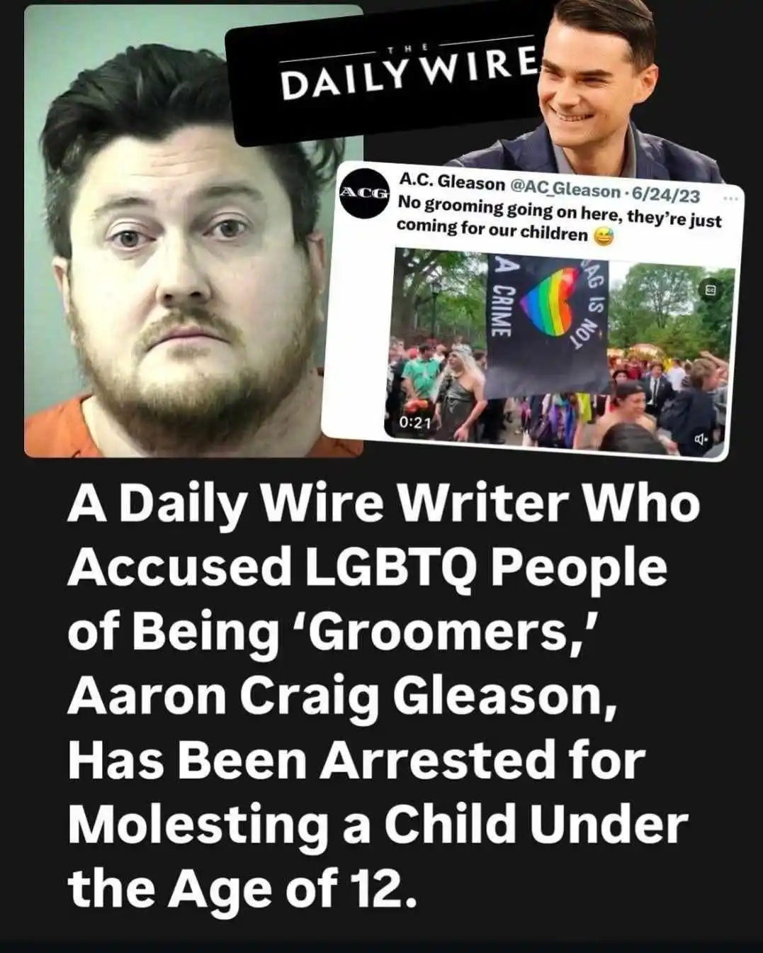 The image displays a mugshot of Aaron Craig Gleason on the left, with a photo of a Daily Wire logo and a screenshot of a…