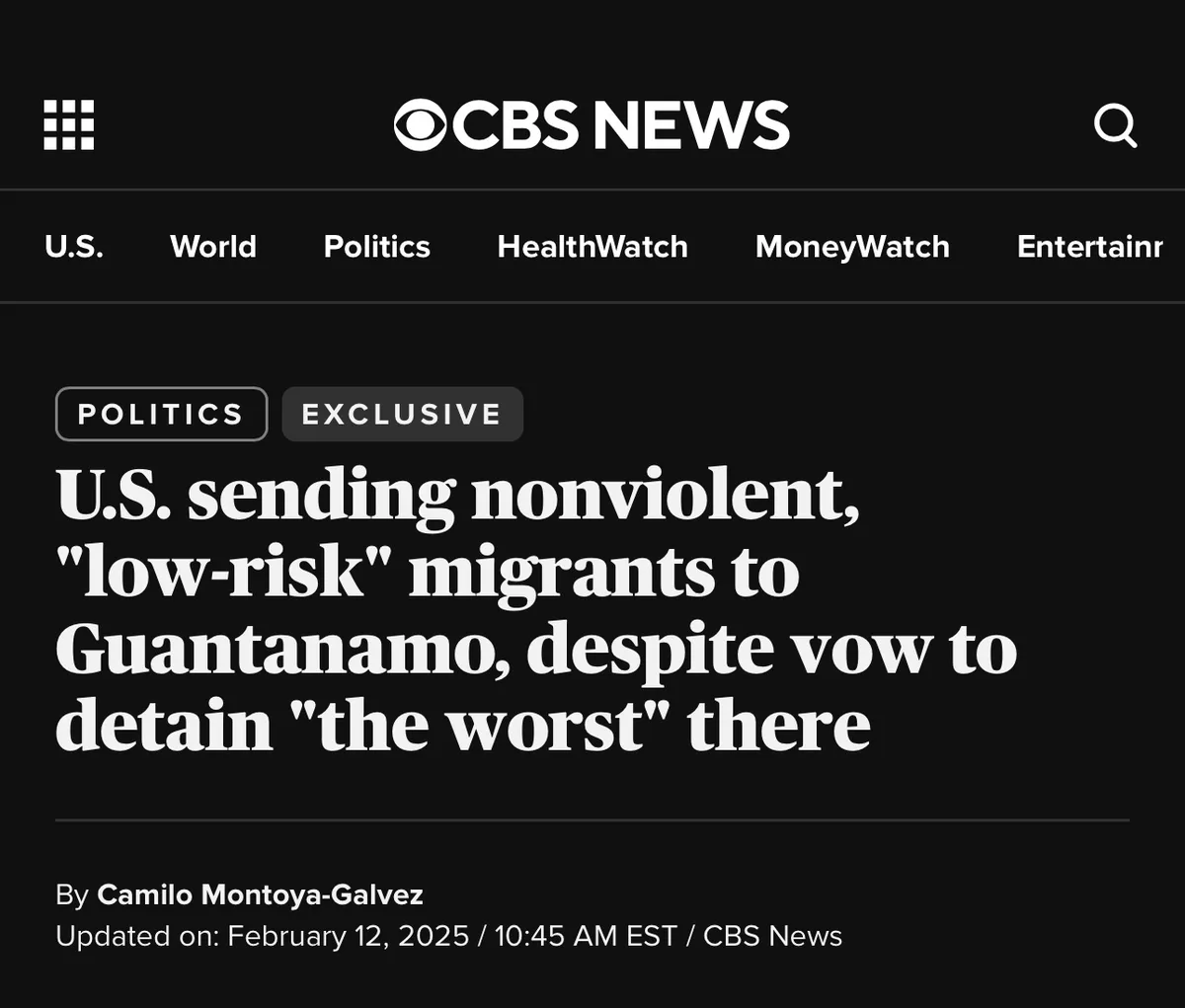 A screenshot of a CBS News article header with a black background and white text. The headline reads 'U.S. sending…
