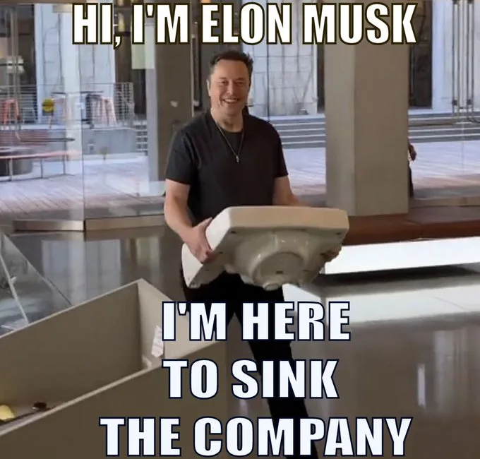 A man, identified by text as Elon Musk, is smiling while holding a white, upside-down toilet seat in a modern office lobby…