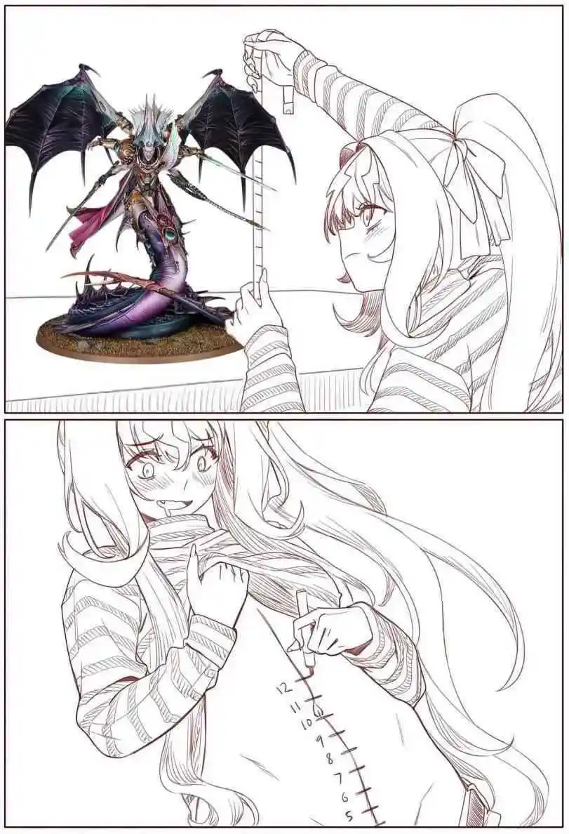 The image is a two-panel comic. In the top panel, a girl in a striped hoodie measures a large, detailed miniature of a demon…