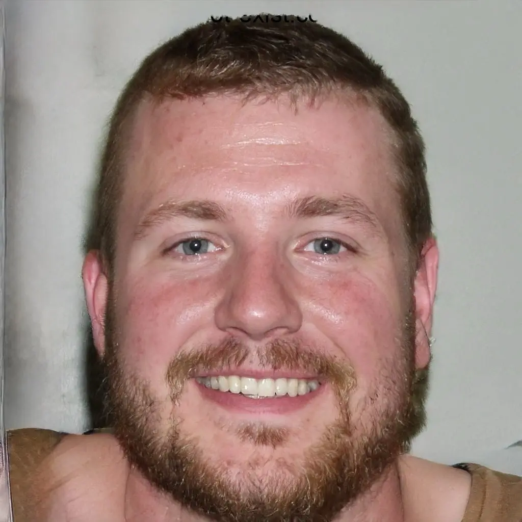 A close-up photo of a smiling man with short brown hair, a beard, and blue eyes, wearing a brown tank top against a plain…