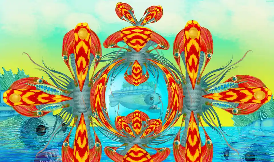 A surreal, symmetrical underwater artwork features a central, menacing blue fish with sharp teeth encircled by ornate…