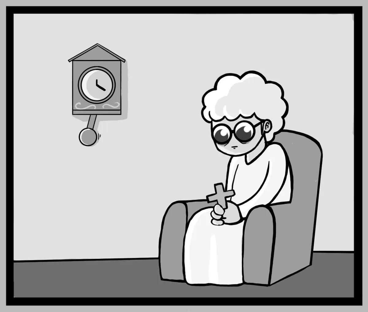 A cartoon drawing shows an elderly woman with white curly hair and large round glasses sitting in a chair, holding a small…