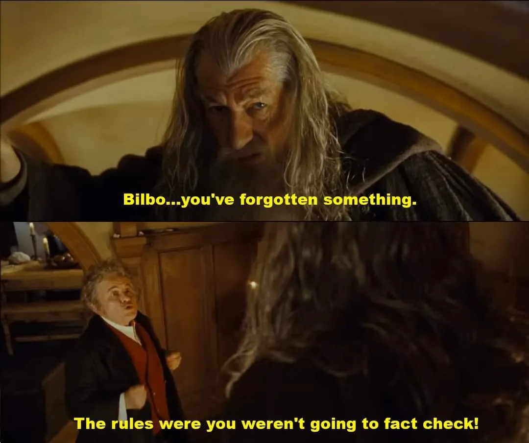 The top panel shows Gandalf the Grey in a dramatic pose, looking down at Bilbo Baggins with the text 'Bilbo...you've…