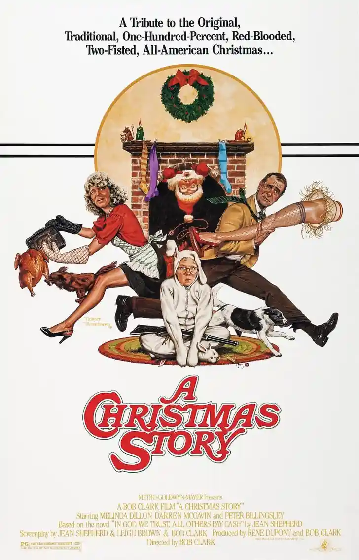 The movie poster for 'A Christmas Story' shows a chaotic, cartoonish family scene around a fireplace with a wreath. A woman…