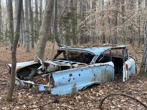 A heavily rusted, light blue vintage car is abandoned in a forest, surrounded by bare trees and fallen leaves. The car's…