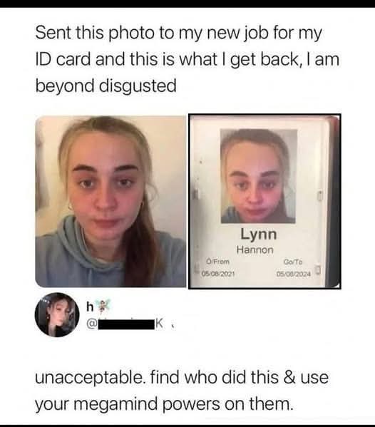 The image shows a split-screen: on the left, a woman with natural makeup and hair; on the right, her ID photo where her…