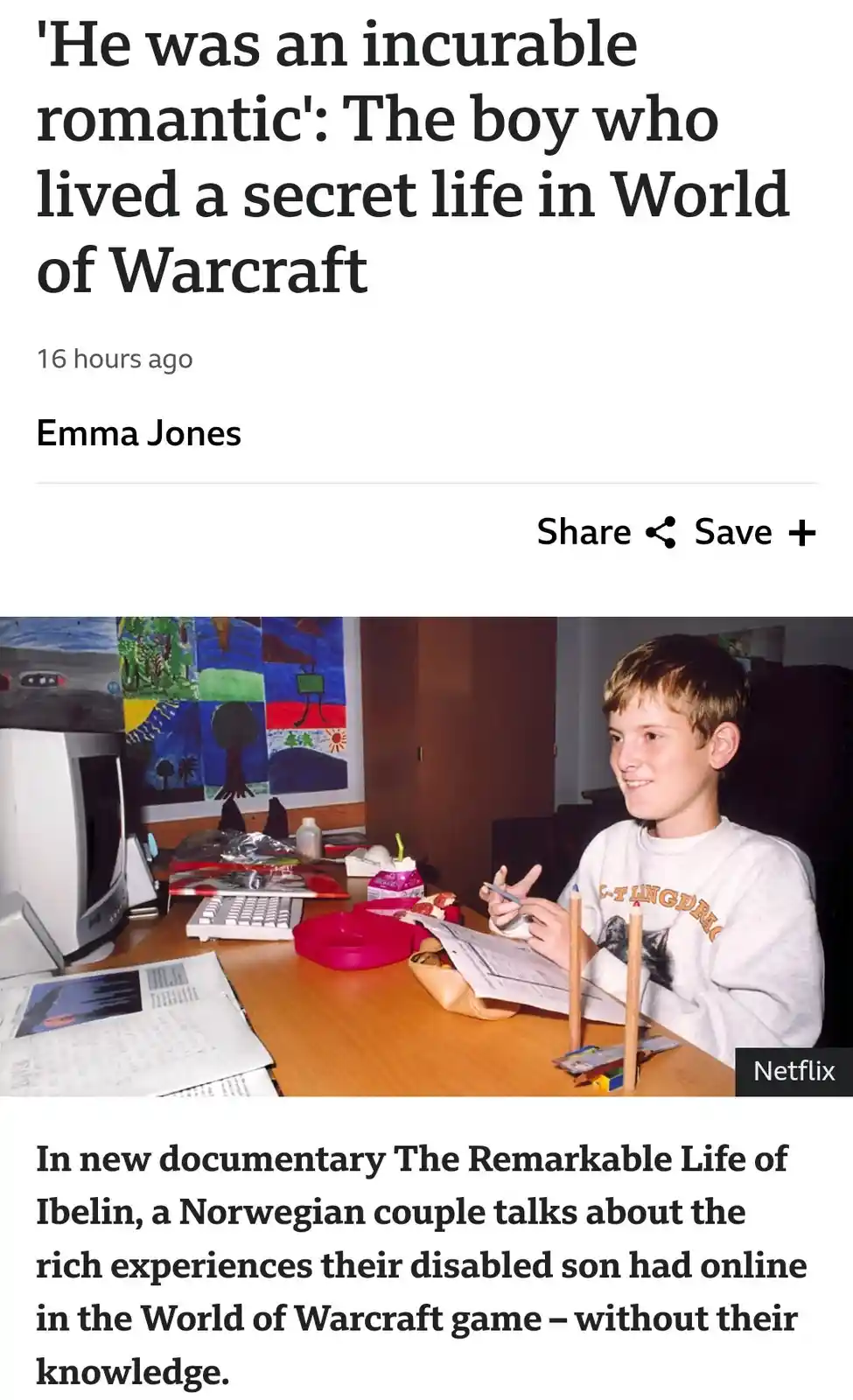 A screenshot of a news article about a boy who lived a secret romantic life in World of Warcraft, featuring a photo of a…