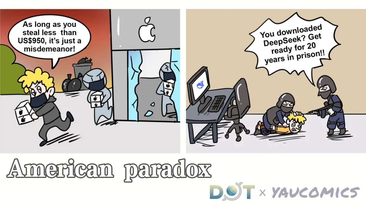 A two-panel comic shows a thief stealing Apple products, with a guard saying stealing under $950 is a misdemeanor. In the…