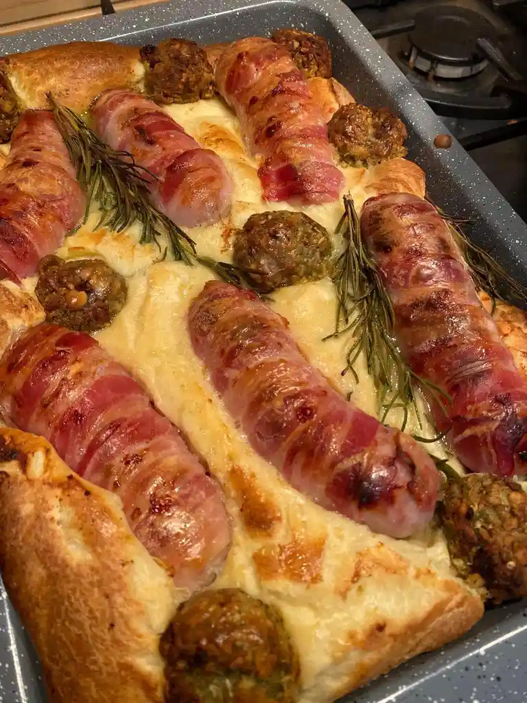 A close-up photo of a baked pizza in a speckled metal pan, featuring golden-brown crust, melted cheese, and toppings…