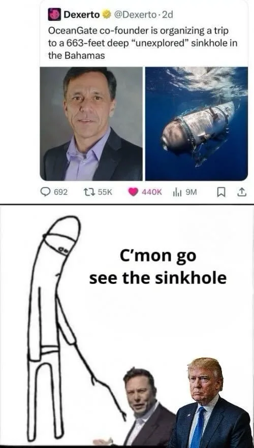 A tweet from Dexerto shows a photo of OceanGate co-founder and a submersible in a sinkhole. Below, a stick figure points at…