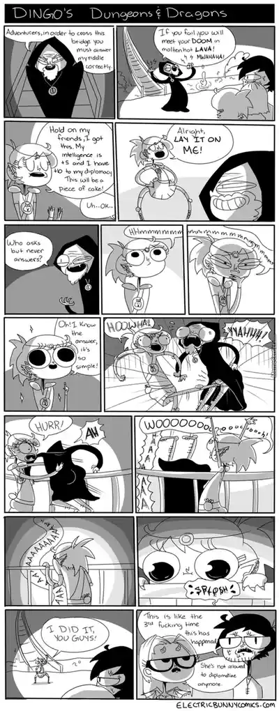 A black-and-white comic strip titled 'DINGO'S Dungeons & Dragons' shows a character with high intelligence and diplomacy…