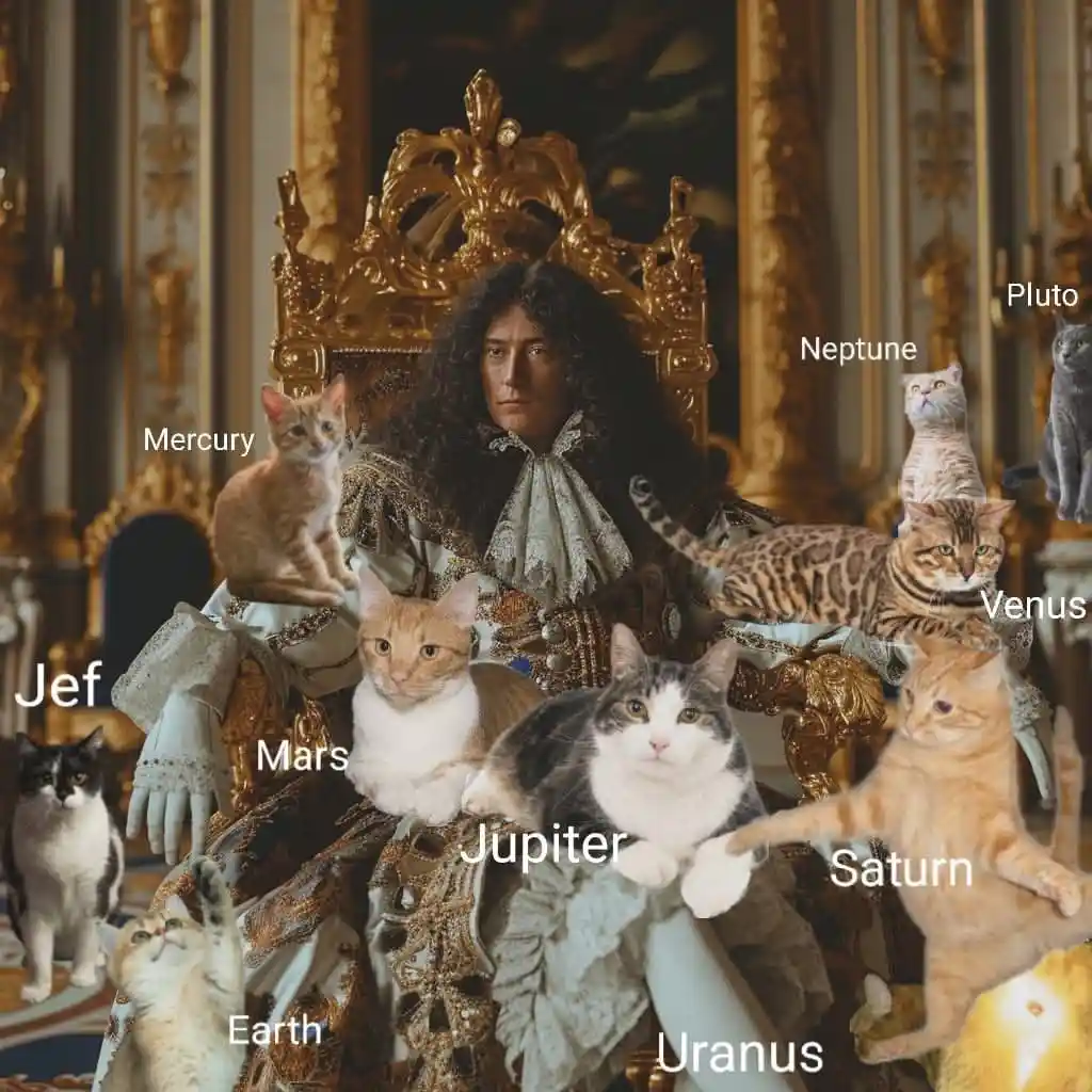 A man in ornate 17th-century royal attire sits on a gilded throne surrounded by numerous cats, each labeled with the name of…