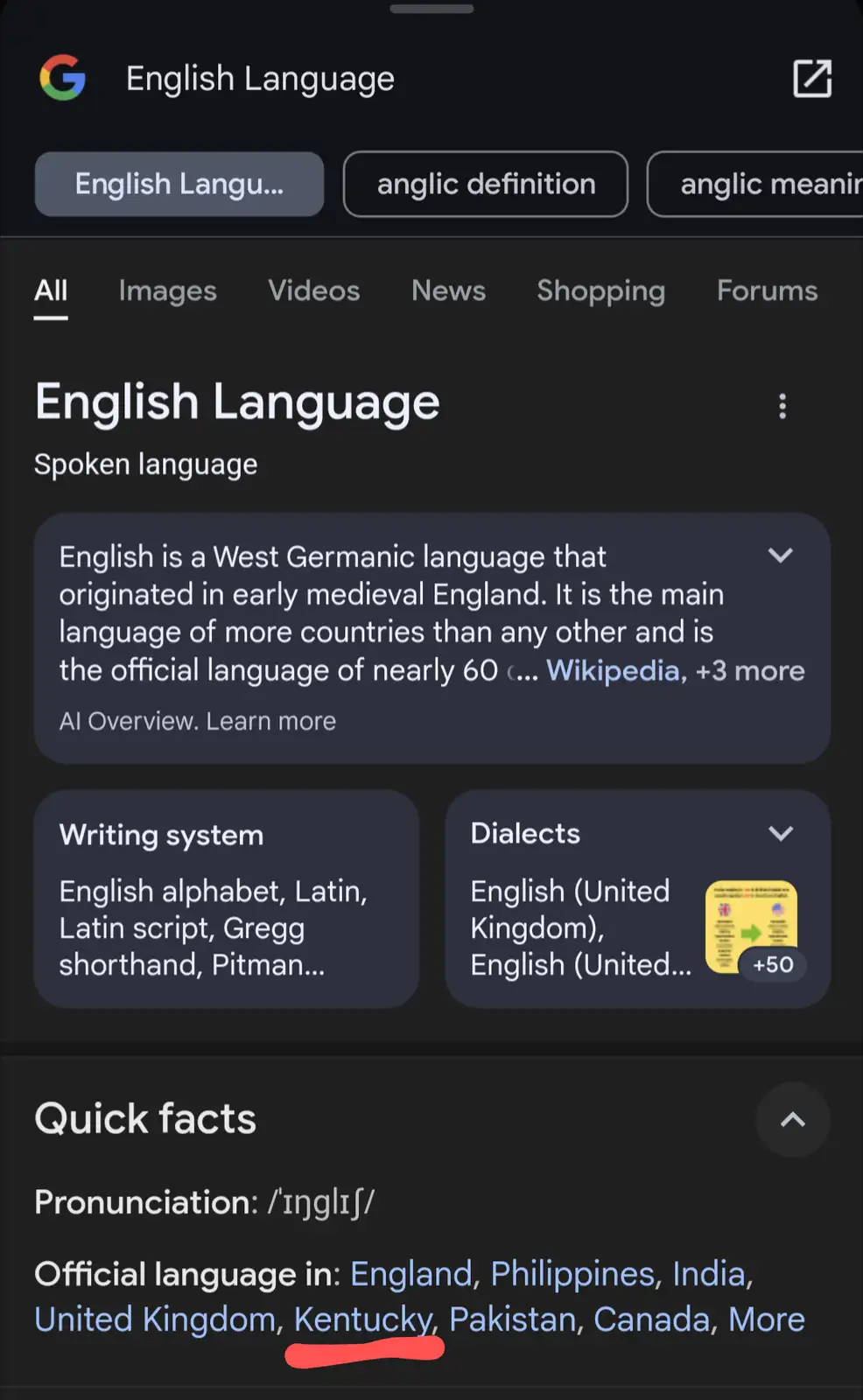 A screenshot of a Google search result for 'English Language' shows a 'Quick facts' section listing countries where English…