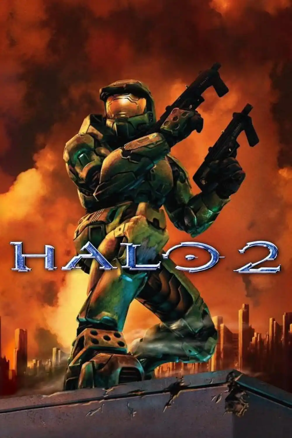 The image shows a soldier in green armor holding two submachine guns, standing atop a structure against a fiery orange sky…