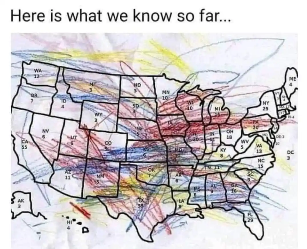 A hand-drawn map of the United States with each state labeled with a number, some states have scribbles or colored areas…