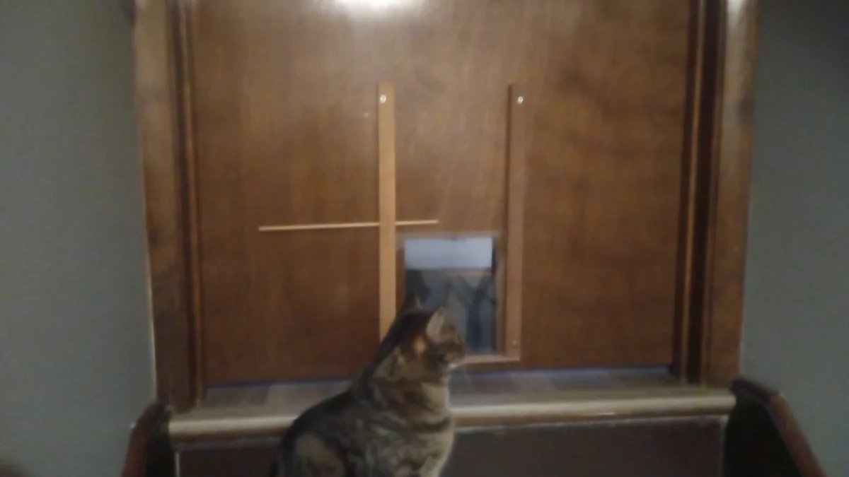 A tabby cat sits on a wooden surface, intently staring at a cat door installed in a wooden cabinet. The cat door has a small…