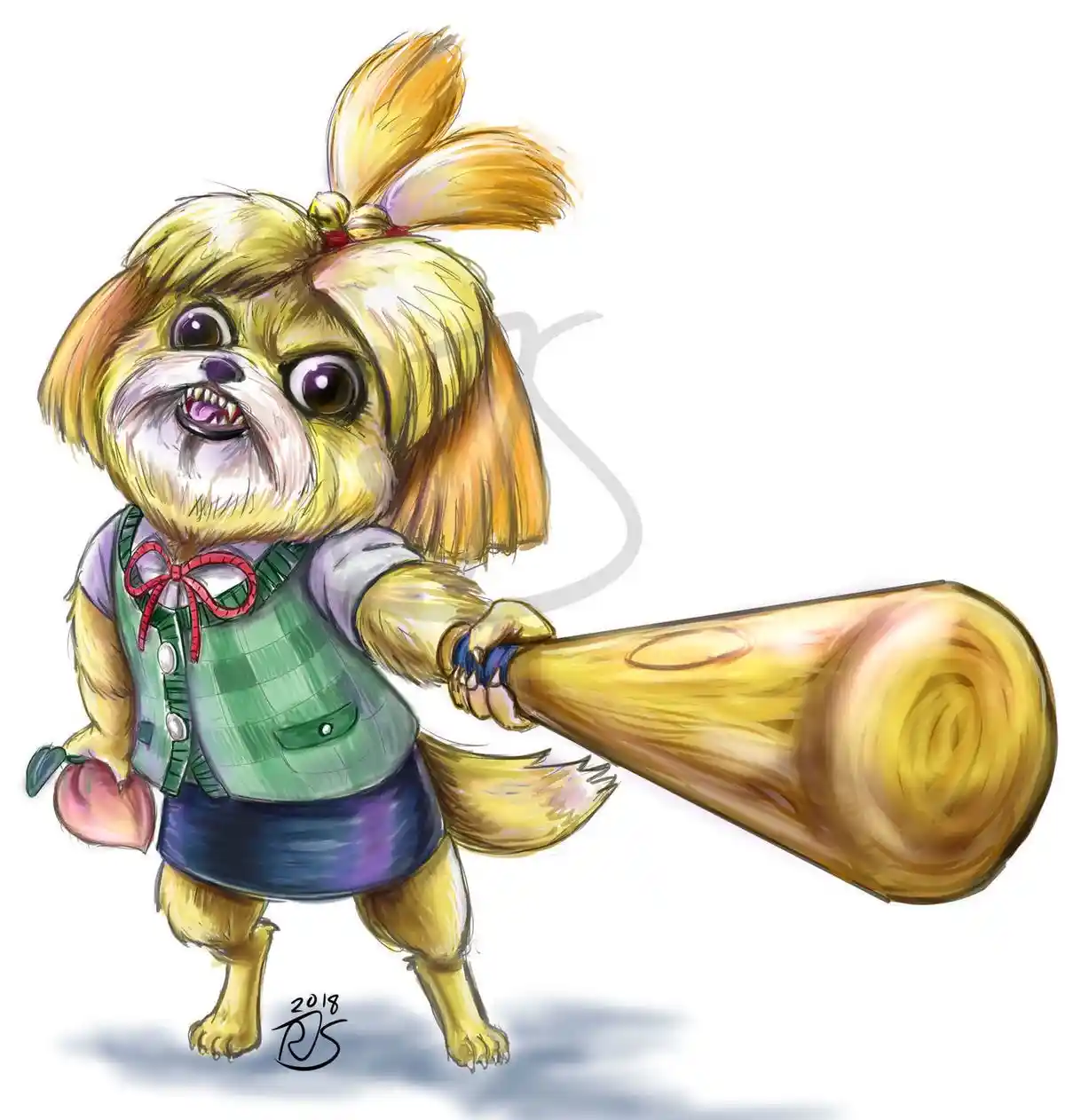 A cartoon illustration of a small, fluffy yellow dog with a high ponytail, wearing a green vest, purple skirt, and red bow…