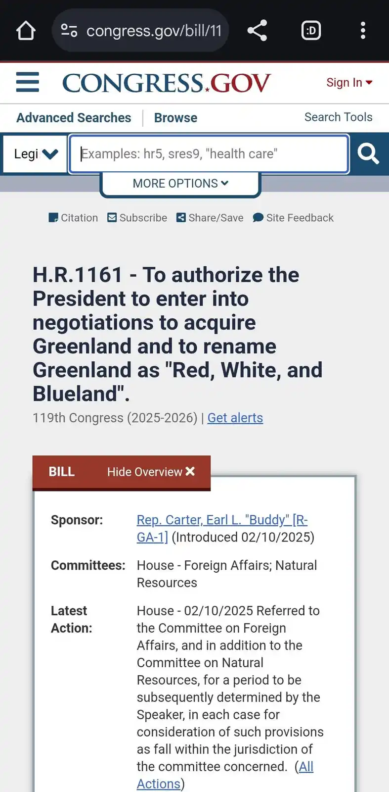 A screenshot of the congress.gov website showing bill H.R.1161, which humorously proposes to acquire Greenland and rename it…