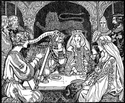 a black-and-white illustration depicts a medieval scene with a harpist playing for a queen and her ladies-in-waiting seated…