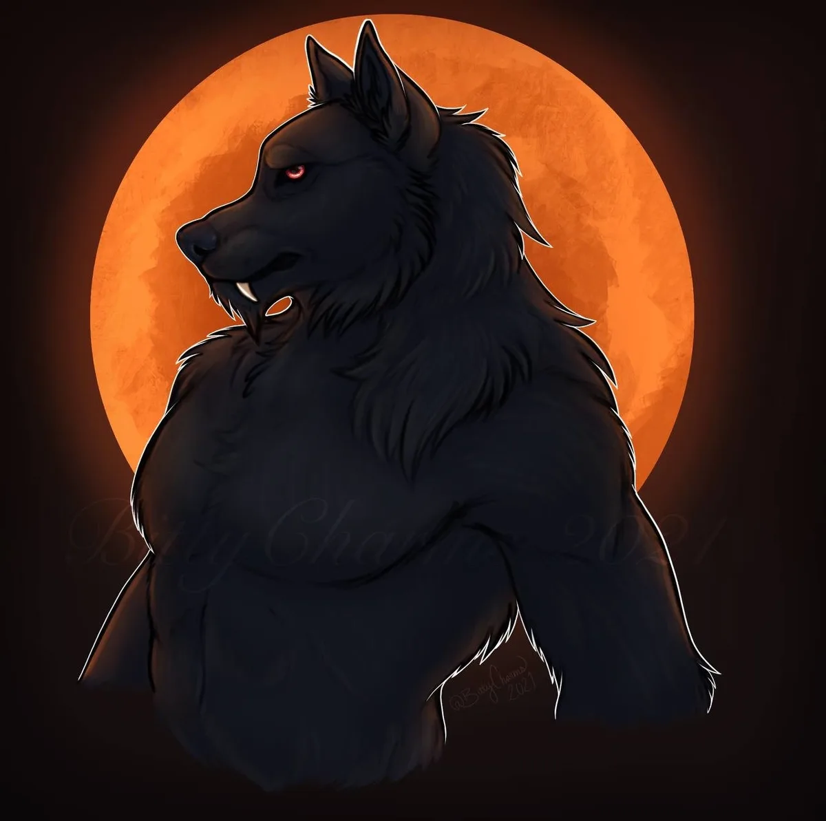 A digitally illustrated black wolf with glowing red eyes and sharp fangs stands in profile against a large orange full moon…
