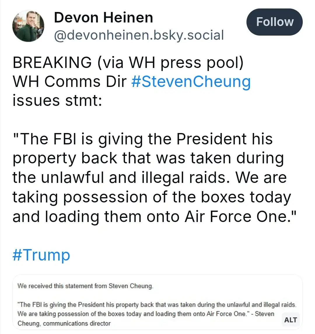 A screenshot of a social media post by Devon Heinen showing a fabricated statement attributed to Steven Cheung, White House…