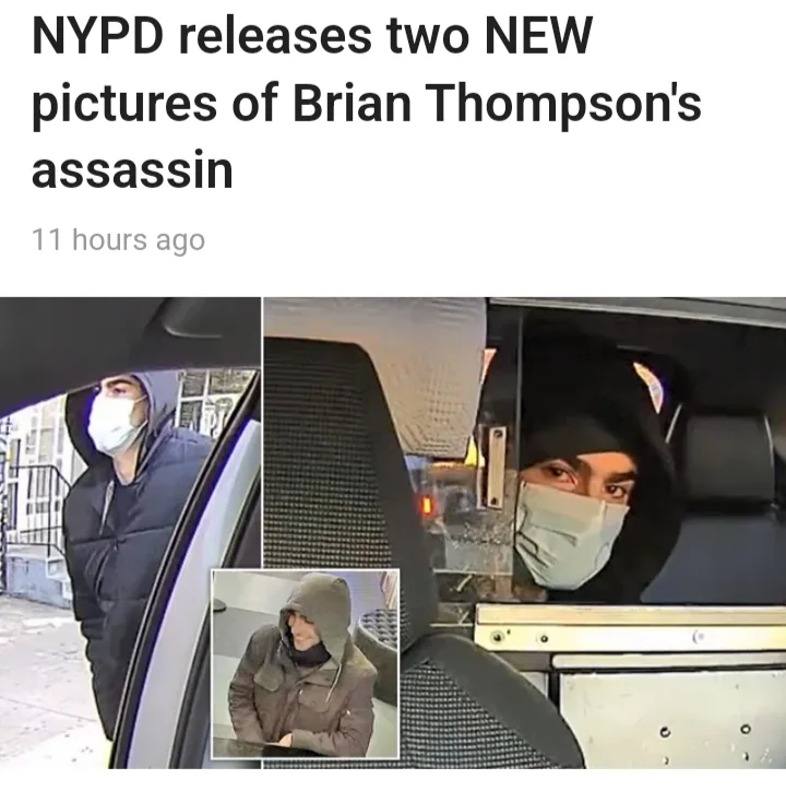 A screenshot of a news article header with the text 'NYPD releases two NEW pictures of Brian Thompson's assassin' and '11…