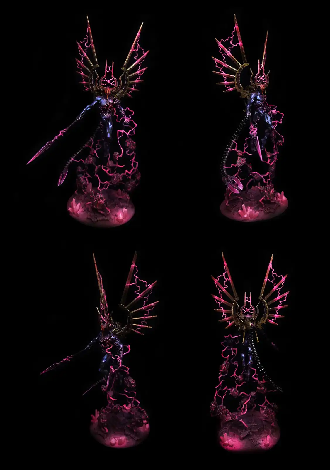 Four angled views of a highly detailed, dark fantasy figurine of a menacing angelic warrior with glowing pink lightning…