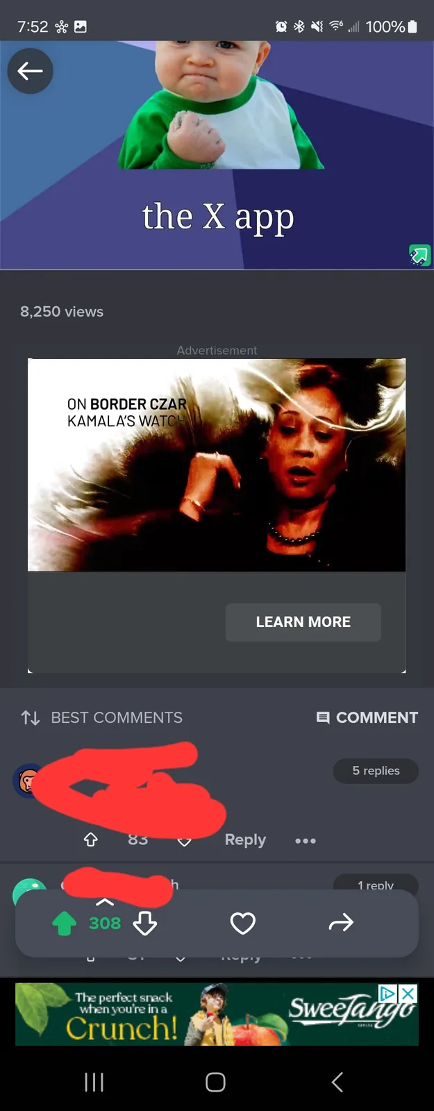 A screenshot of a social media post featuring the 'angry baby' meme template, with the text 'the X app' overlaid. Below the…