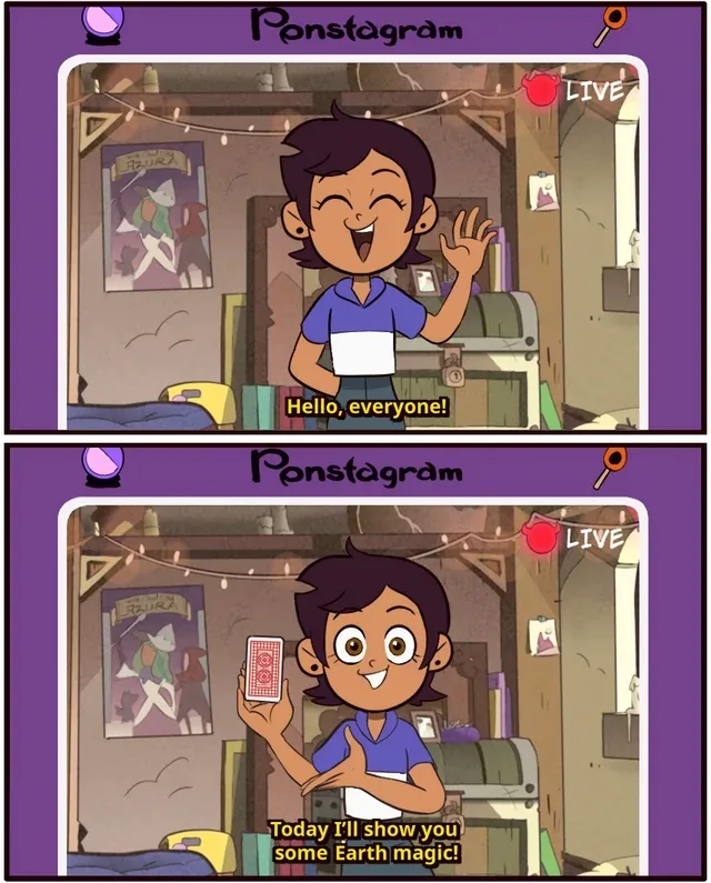 Two panels from a 'Ponstagram' live stream show a cartoon girl in a bedroom. In the first, she waves and says 'Hello…